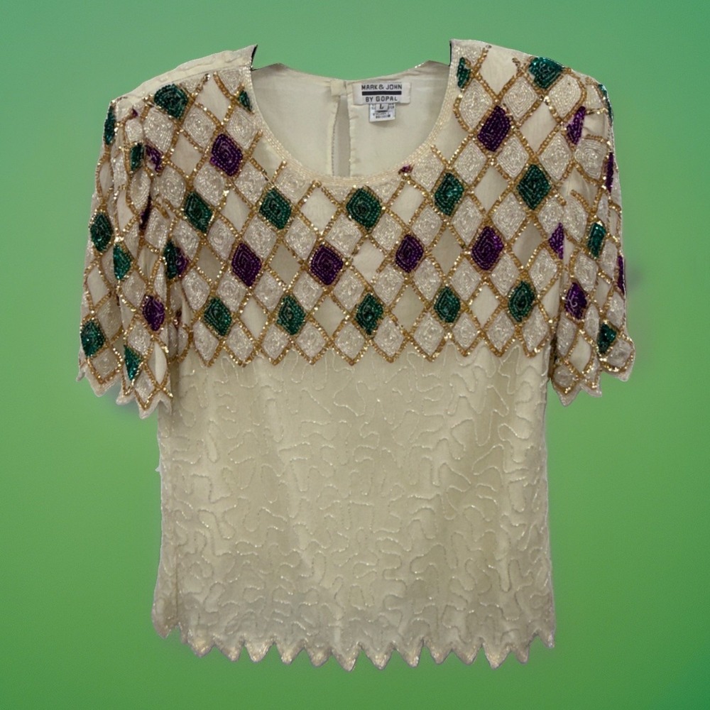 Vintage Mark&John Gopal Lg Sequined Top White Formal Y2K Mardi Gras Glitzy